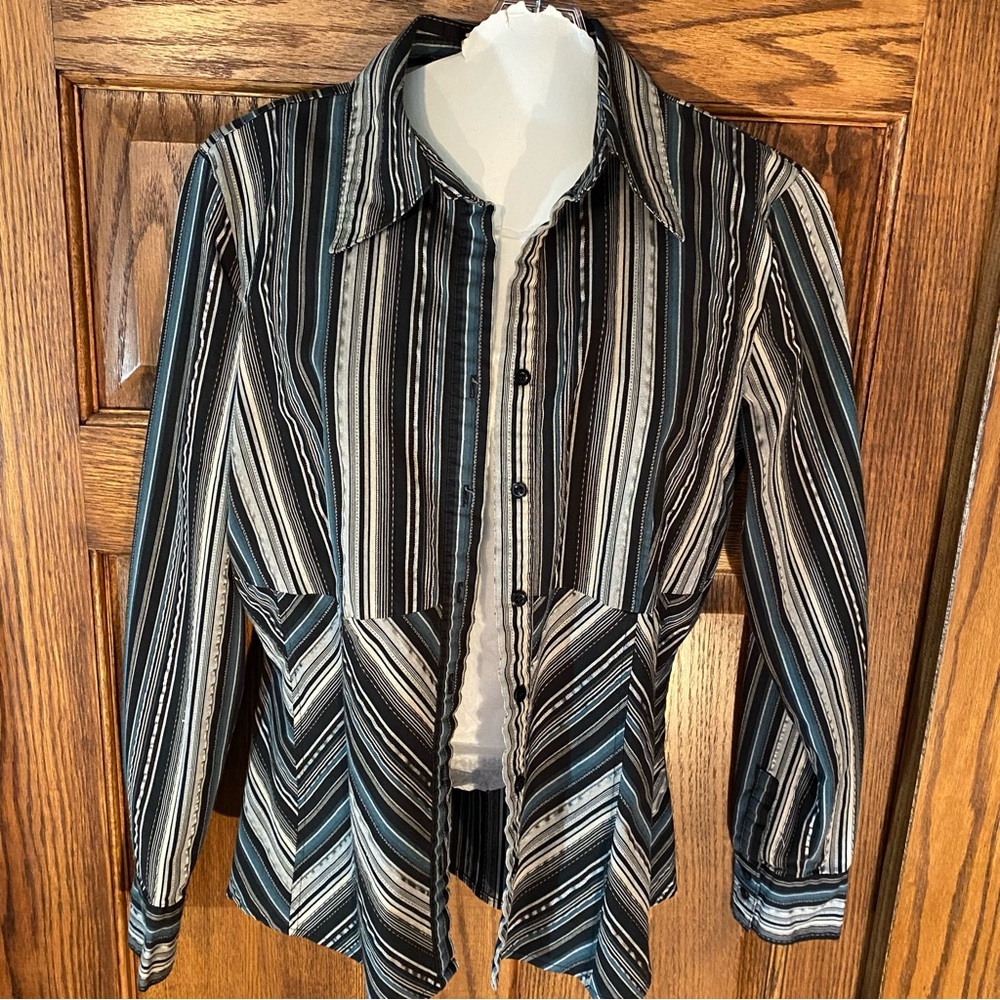 Apt 9 Woman Shirt Stretch Long Sleeve Black Stripe Collar